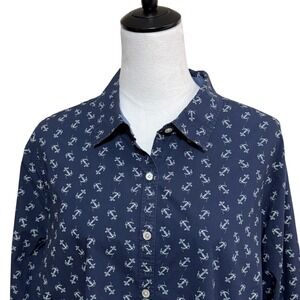 Talbots Shirt Women 22W 3X Petite Blue Long Sleeve Button Up Anchor Nautical Top